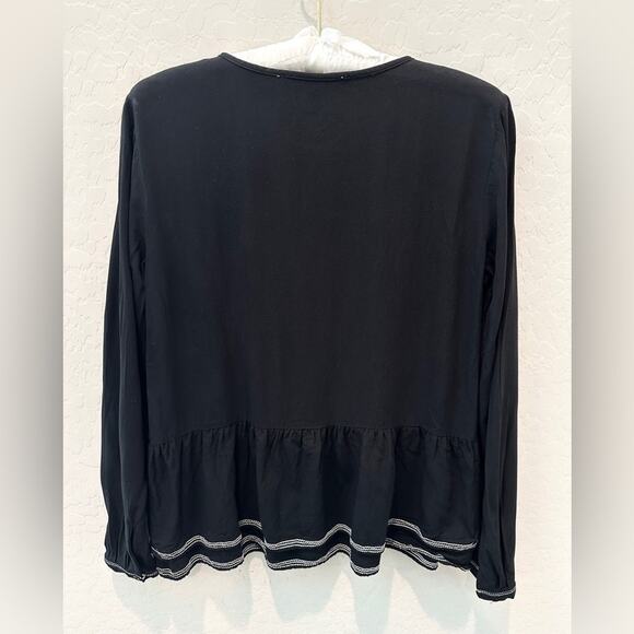 LOFT | Black Long Sleeve Peasant Top Boho Blouse Ruffle Hem Minimalist | XS - Picture 5 of 8